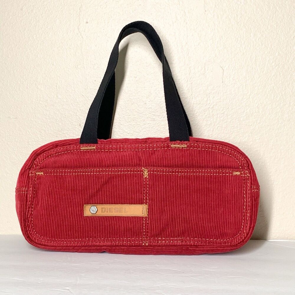 Diesel Spare Parts Vintage Y2K Red Corduroy Shoulder Bag Purse Boxy Softshell